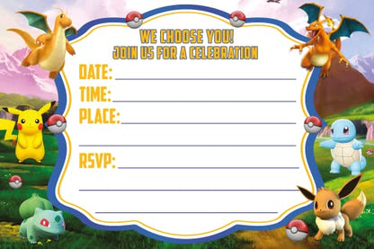 Set of 30 Pokemon Birthday Invitation Cards & Envelopes