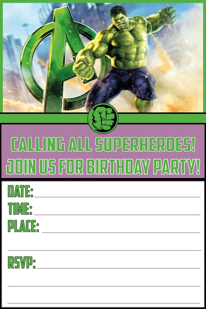 Set of 20 Hulk Birthday Invitation Cards & Envelopes