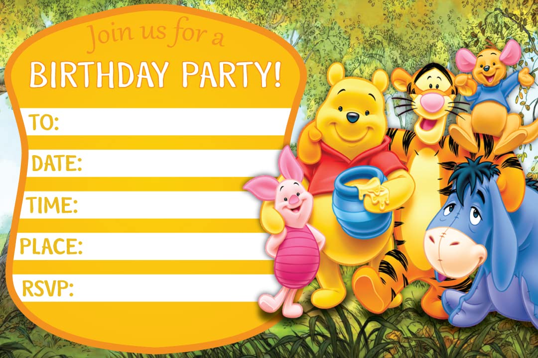 Set of 20 Winne The Pooh Birthday Invitation Cards & Envelopes