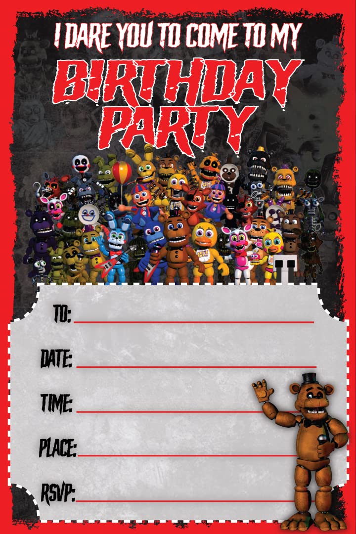 Set of 20 Five night at freddy Birthday Invitation Cards & Envelopes