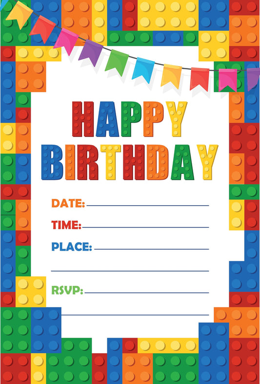 Set of 20 Lego Birthday Invitation Cards & Envelopes