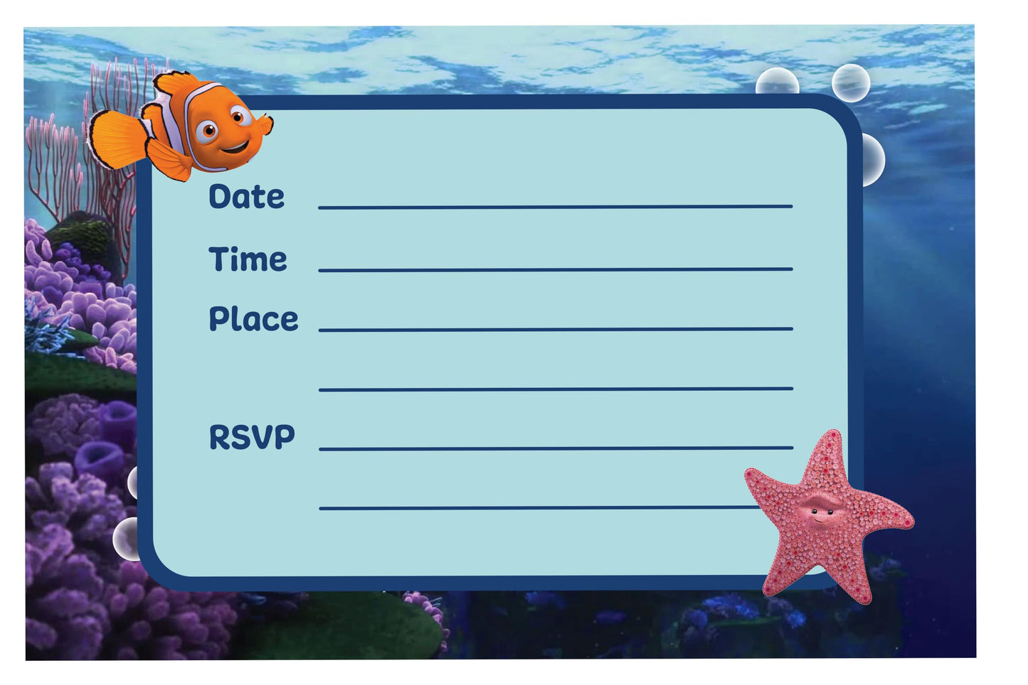 Set of 20 Finding Nemo Birthday Invitation Cards & Envelopes