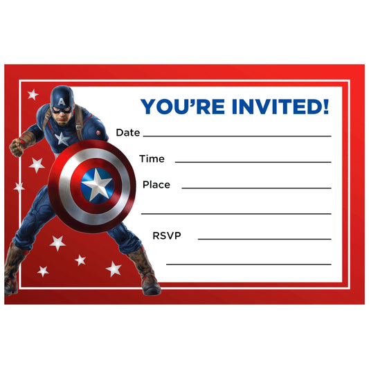 Set of 20 Capitan america Birthday Invitation Cards & Envelopes