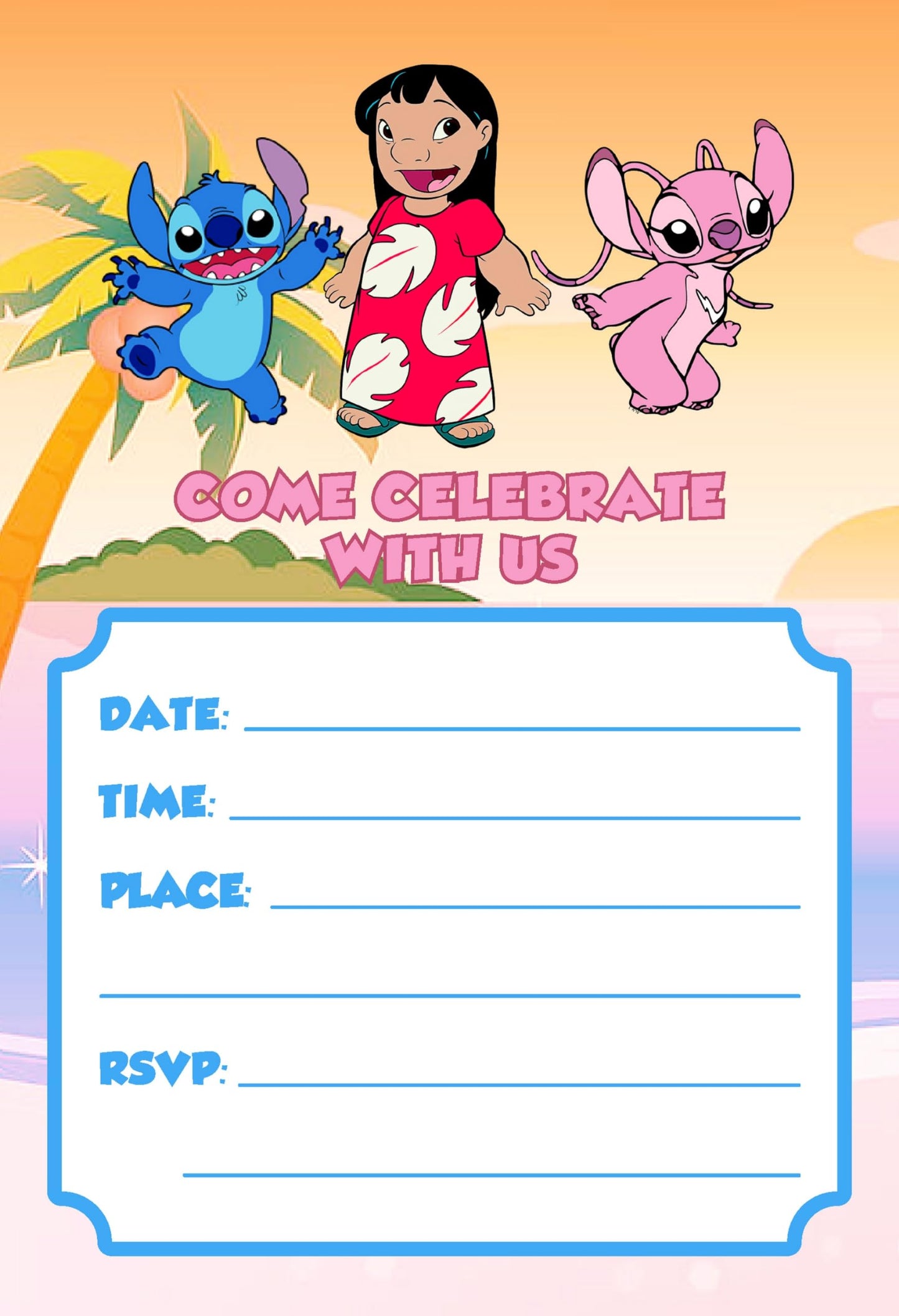 Set of 20 Lilo And Stich Birthday Invitation Cards & Envelopes