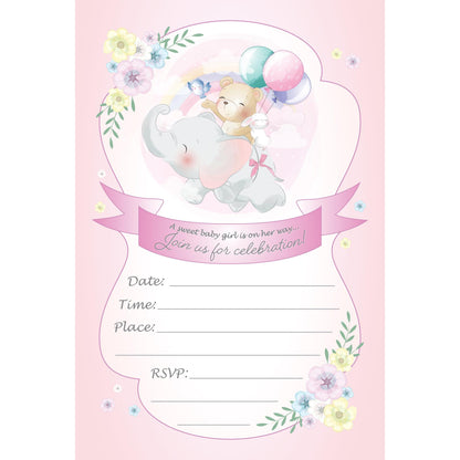 Set of 20 Baby Shower Girl Birthday Invitation Cards & Envelopes