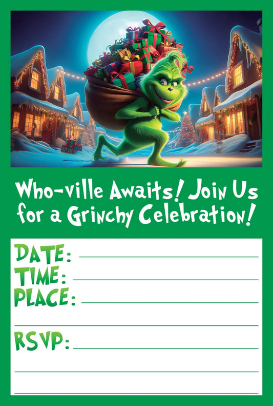 Set of 20 The Grinch Birthday Invitation Cards & Envelopes