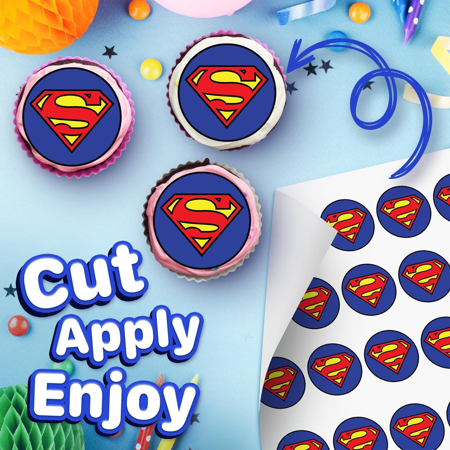 30x Wafer Paper Super Man Edible Cupcake Topper