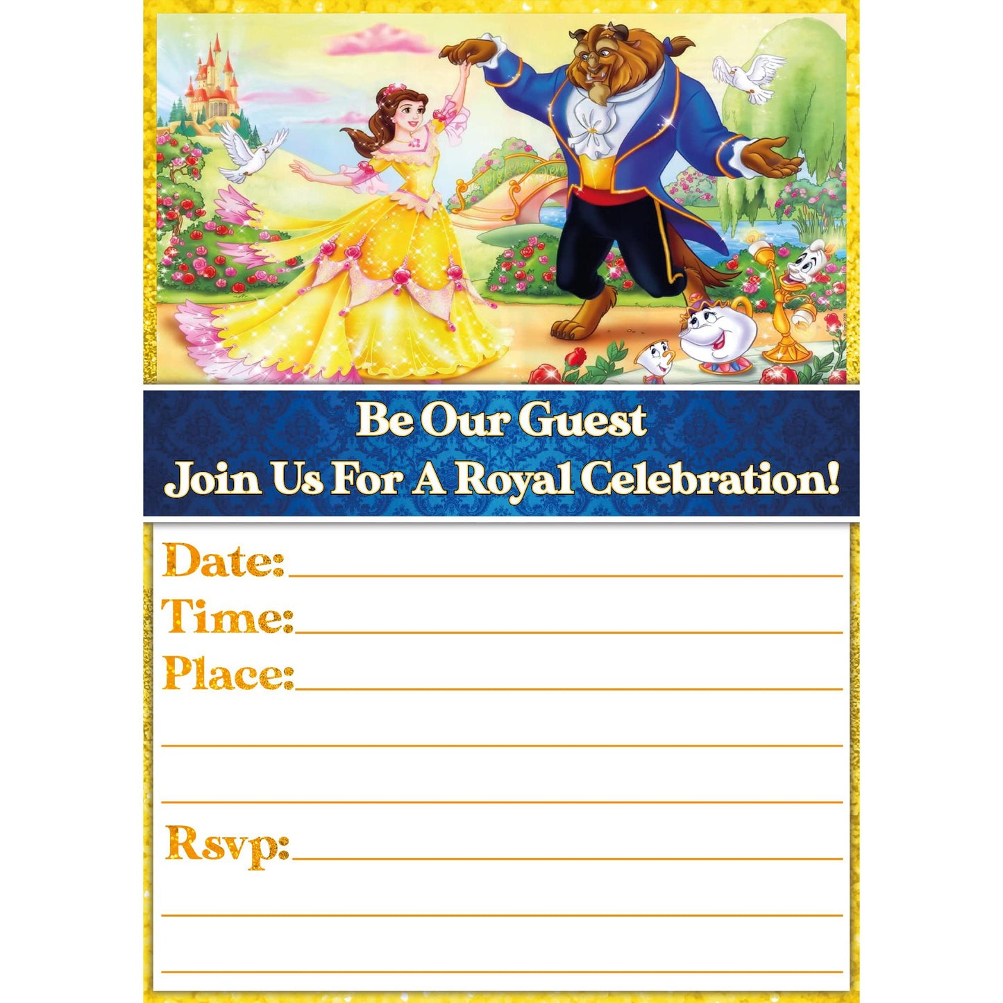 Set of 20 Beauty And The Beast Birthday Invitation Cards & Envelopes