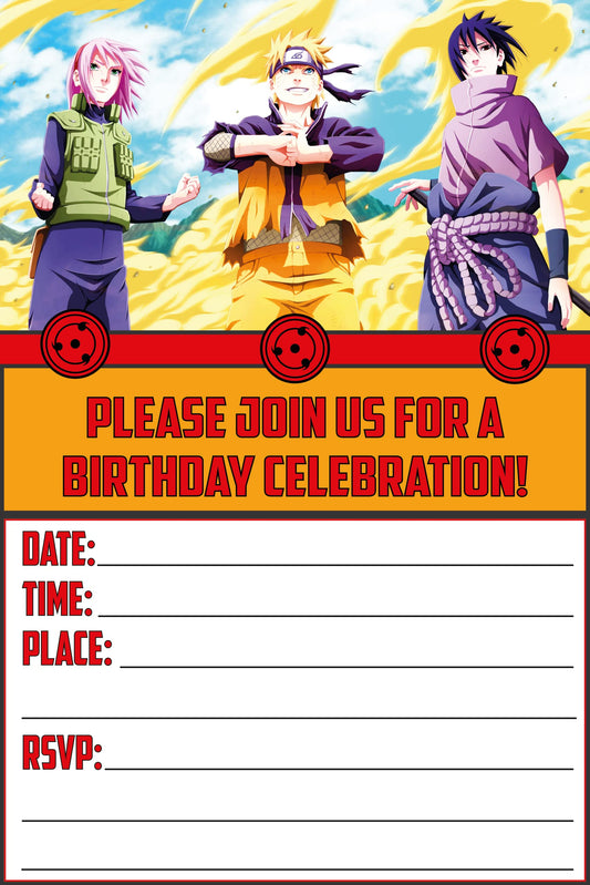 Set of 20 Naruto Birthday Invitation Cards & Envelopes