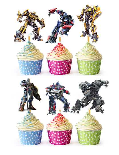 24x Robot Hero Adventure Cupcake Toppers – Strong Picks Happy Birthday Décor, Cupcake Decorations for Kids' Birthdays