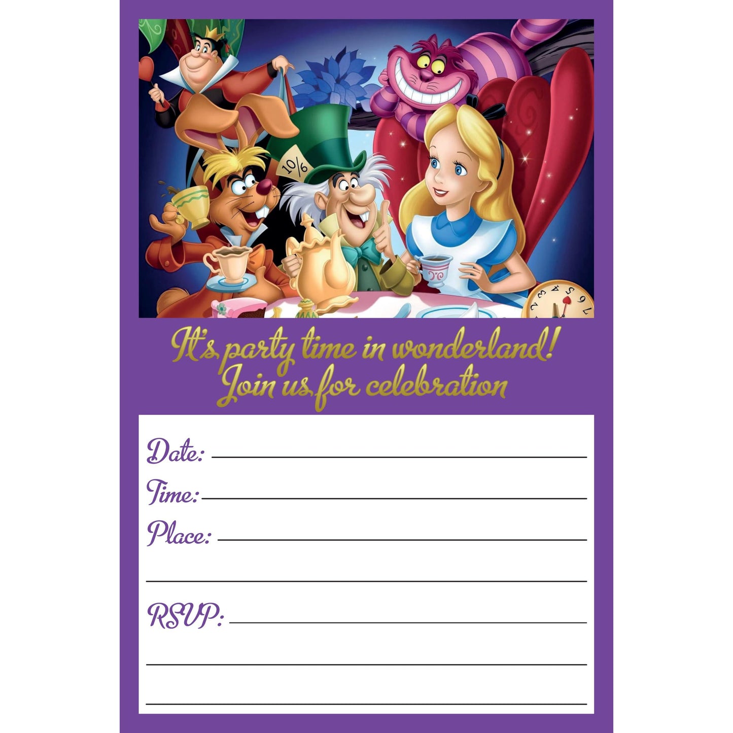 Set of 20 Alice in Wonderland Birthday Invitation Cards & Envelopes