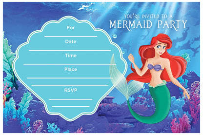 Set of 20 Little Mermaid Birthday Invitation Cards & Envelopes