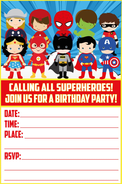 Set of 20 Super Hero Birthday Invitation Cards & Envelopes