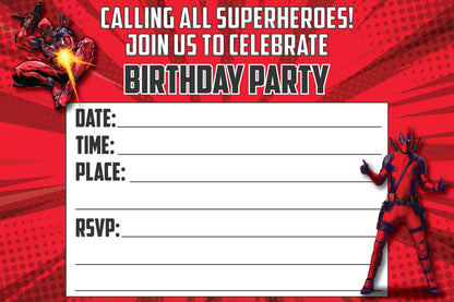 Set of 20 Deadpool Birthday Invitation Cards & Envelopes