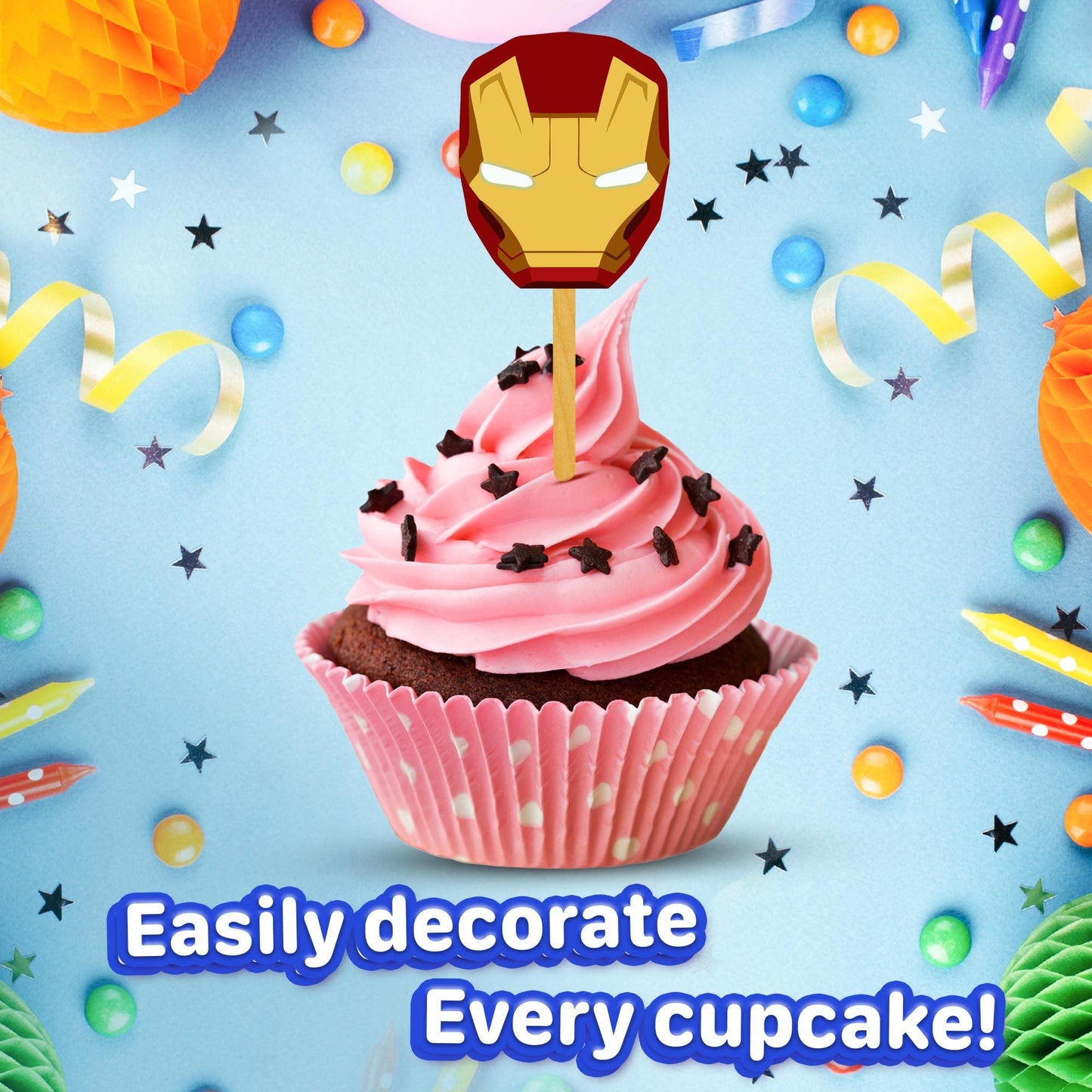 24x Metal Hero Cupcake Toppers – Strong Picks Happy Birthday Décor, Cupcake Decorations for Kids' Birthdays