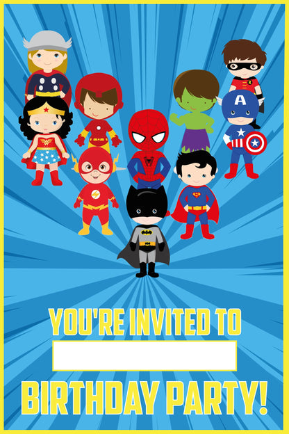 Set of 20 Super Hero Birthday Invitation Cards & Envelopes