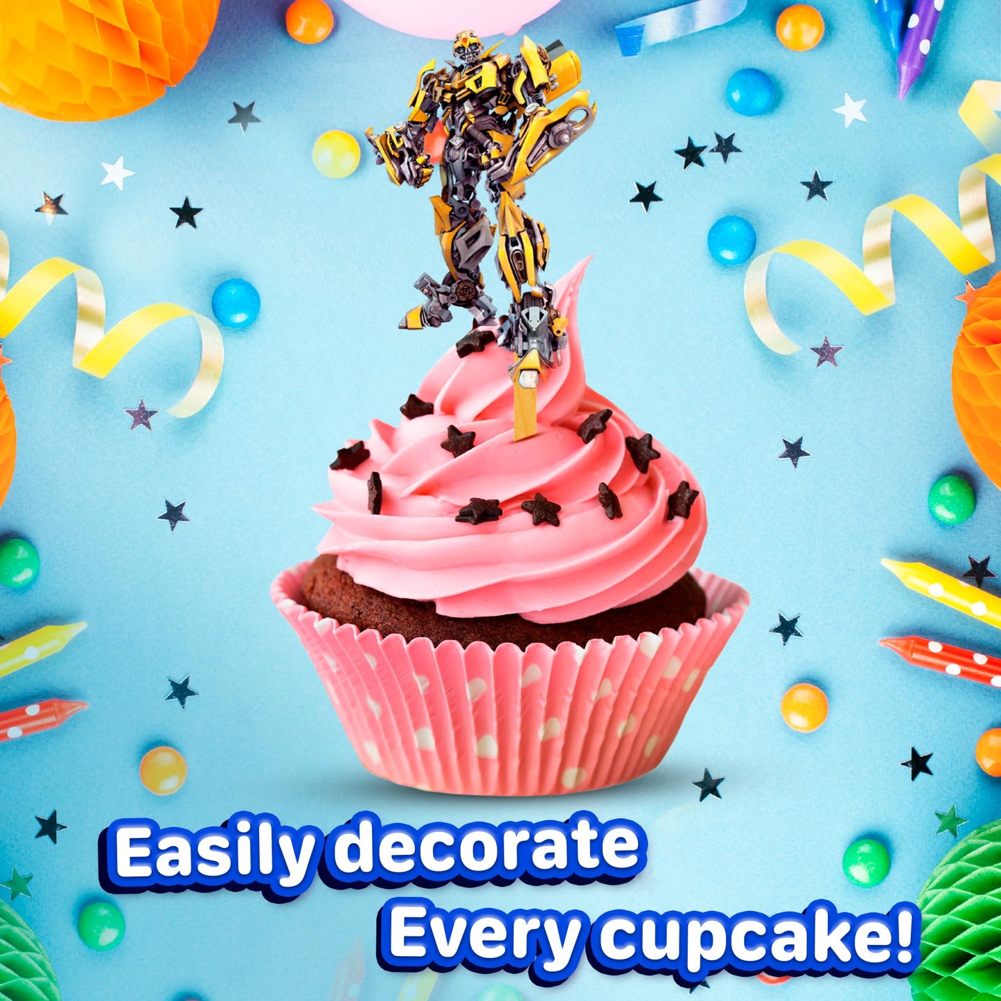 24x Robot Hero Adventure Cupcake Toppers – Strong Picks Happy Birthday Décor, Cupcake Decorations for Kids' Birthdays