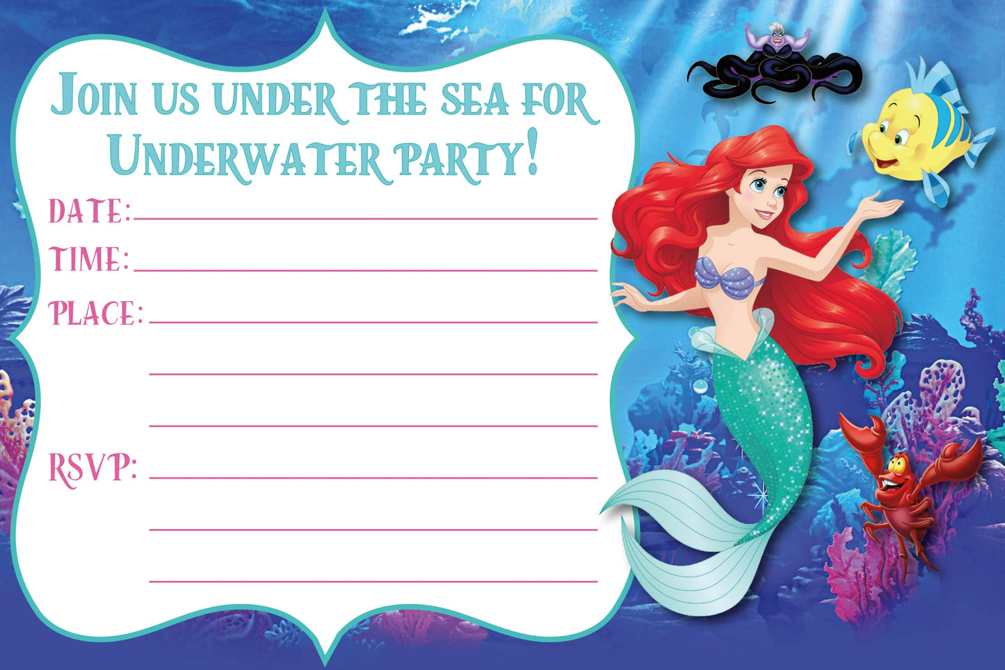 Set of 20 Little Mermaid Birthday Invitation Cards & Envelopes