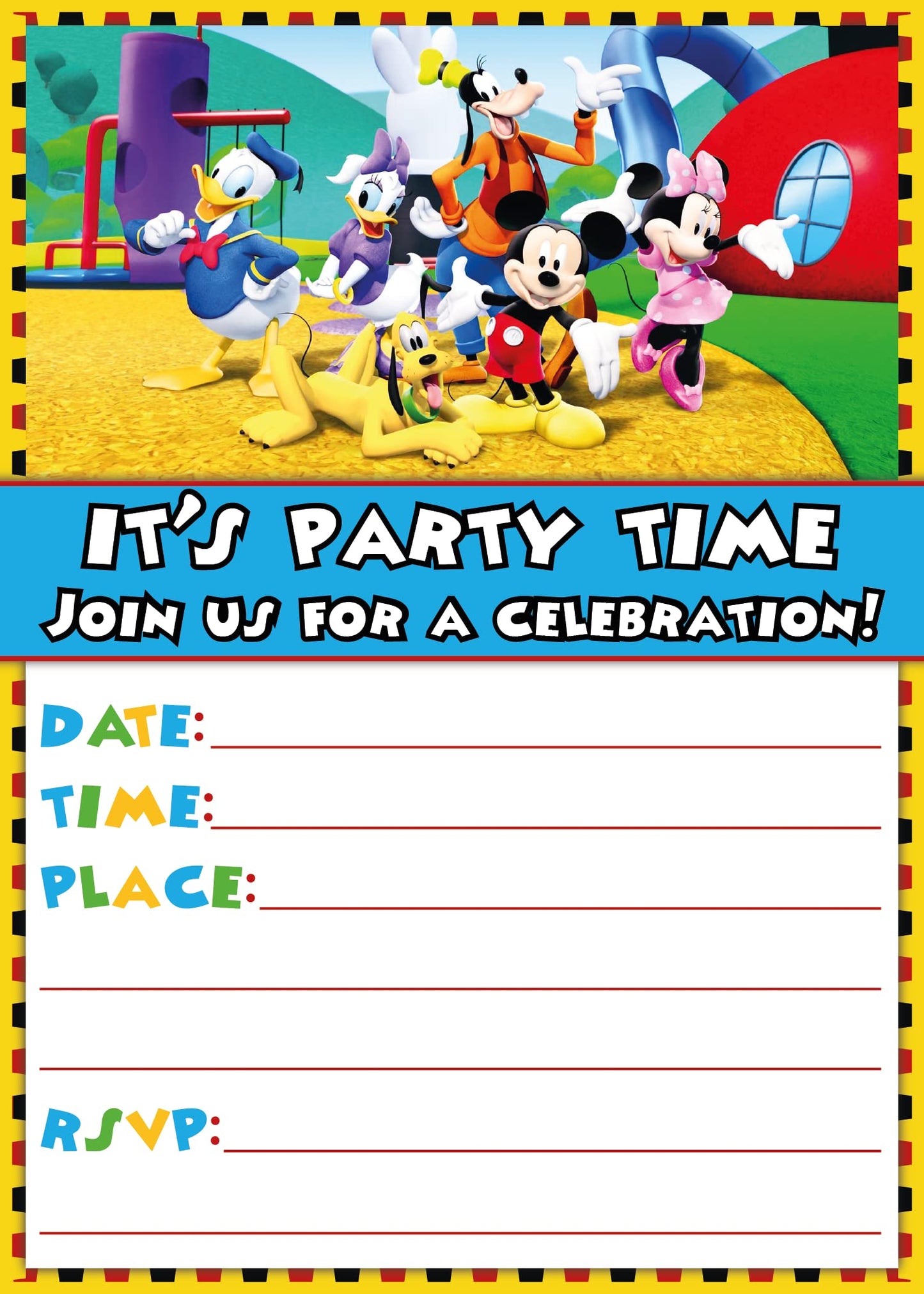 Set of 20 Mickey Mouse Birthday Invitation Cards & Envelopes