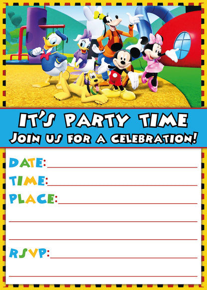 Set of 20 Mickey Mouse Birthday Invitation Cards & Envelopes