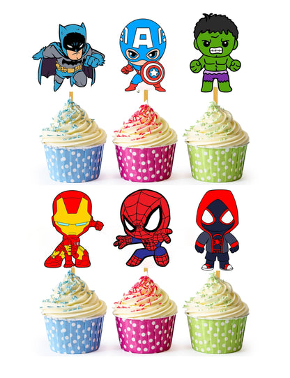 24x Hero Super kids Cupcake Toppers – Strong Picks Happy Birthday Décor, Cupcake Decorations for Kids Birthdays