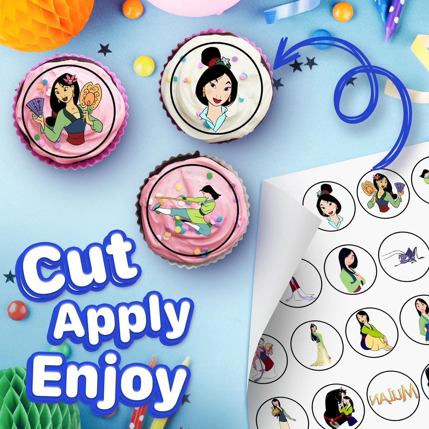 30x Wafer Paper Mulan Edible Cupcake Topper