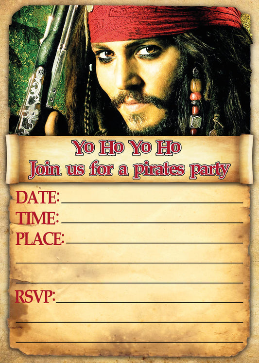 Set of 20 Pirates Of The Caribbean Birthday Invitation Cards & Envelopes