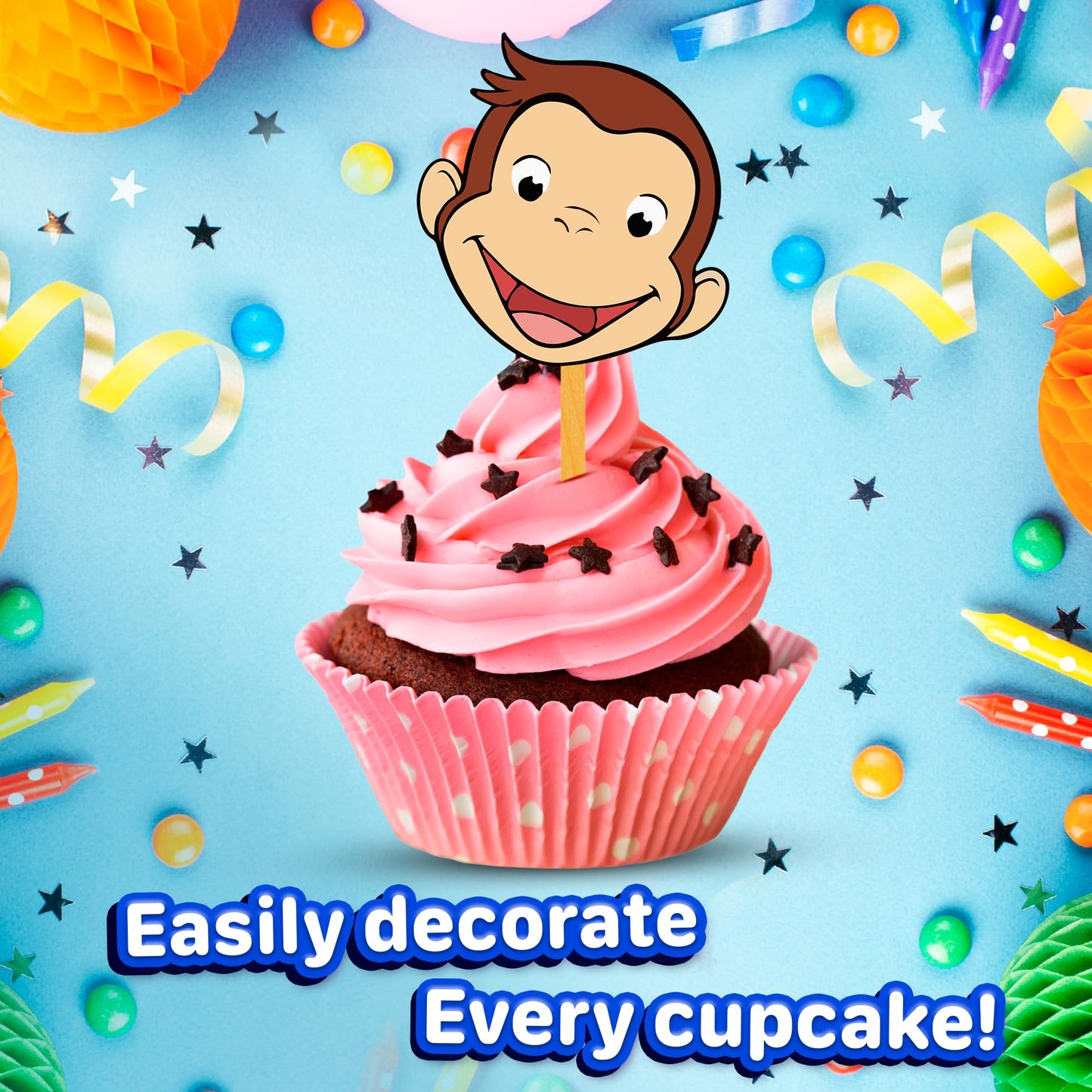 24x Curious Monkey Cupcake Toppers – Strong Picks Happy Birthday Décor, Cupcake Decorations for Kids Birthdays