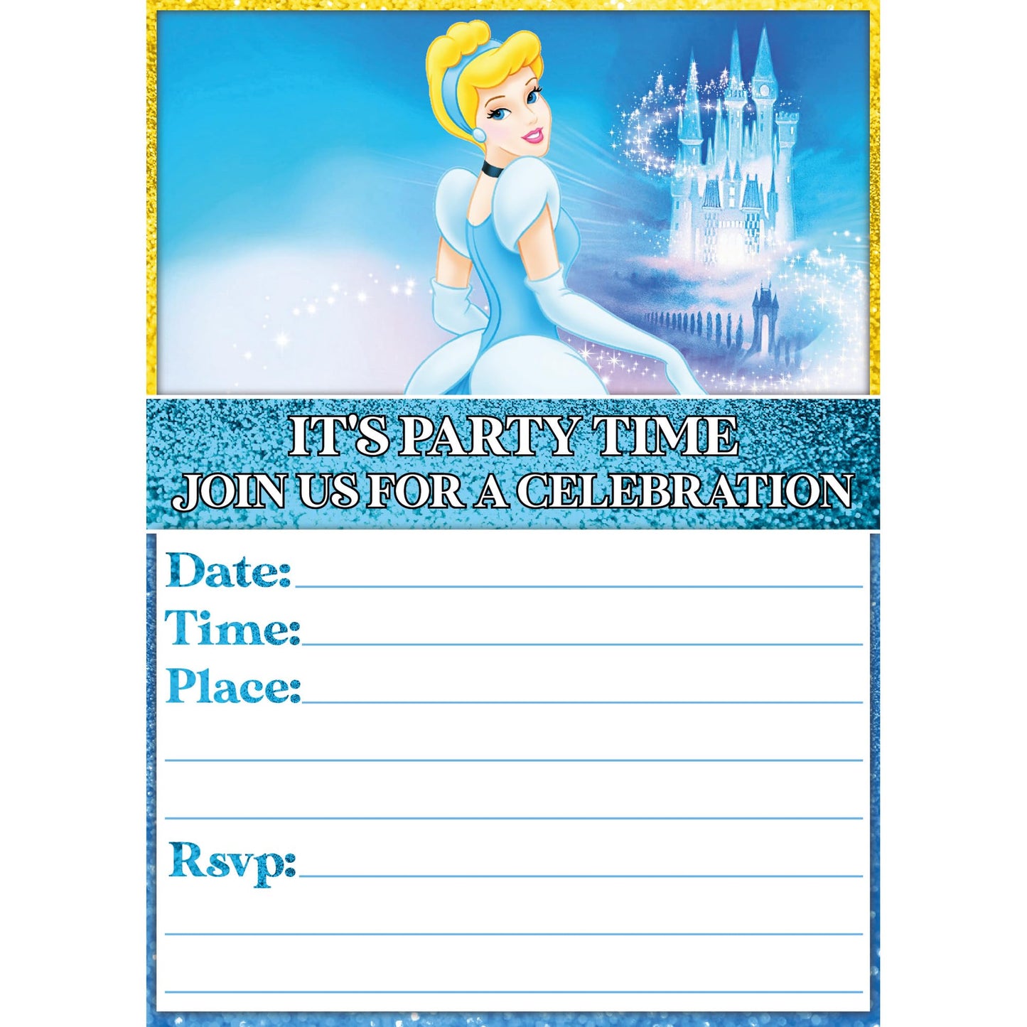 Set of 20 Cinderella Birthday Invitation Cards & Envelopes