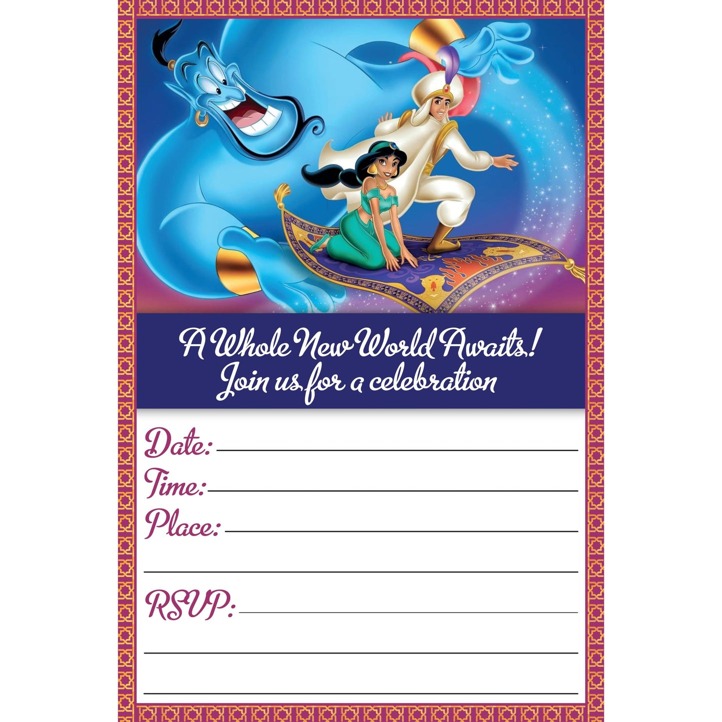 Set of 20 Aladdin Birthday Invitation Cards & Envelopes