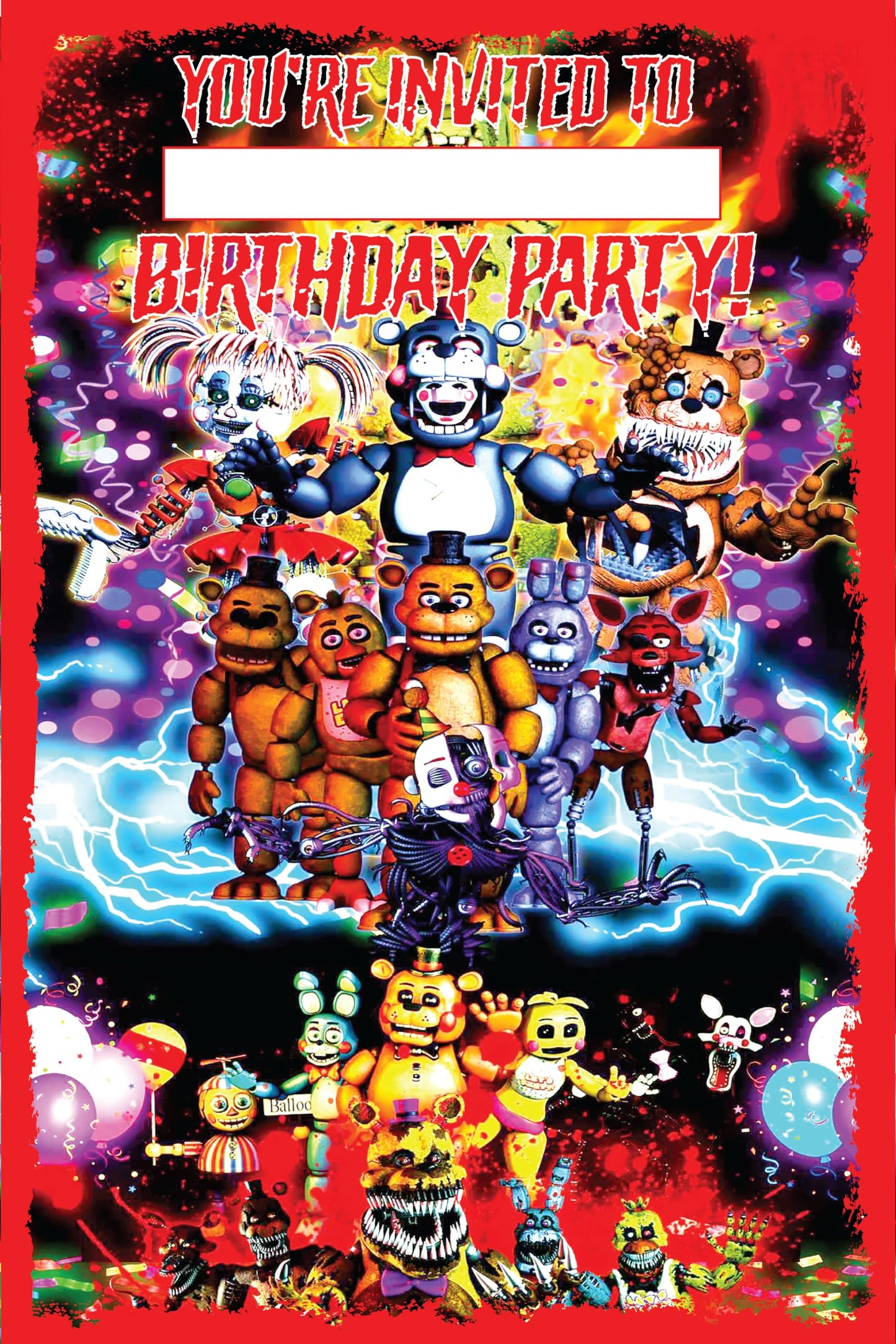 Set of 20 Five night at freddy Birthday Invitation Cards & Envelopes