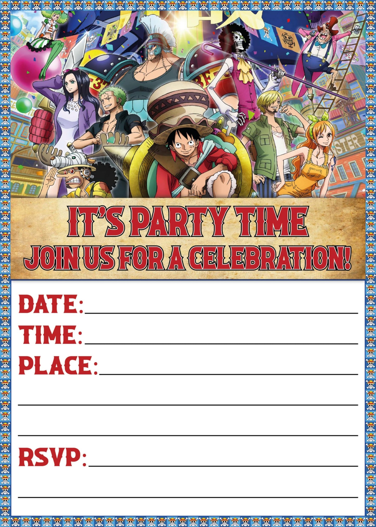 Set of 20 One Piece Birthday Invitation Cards & Envelopes