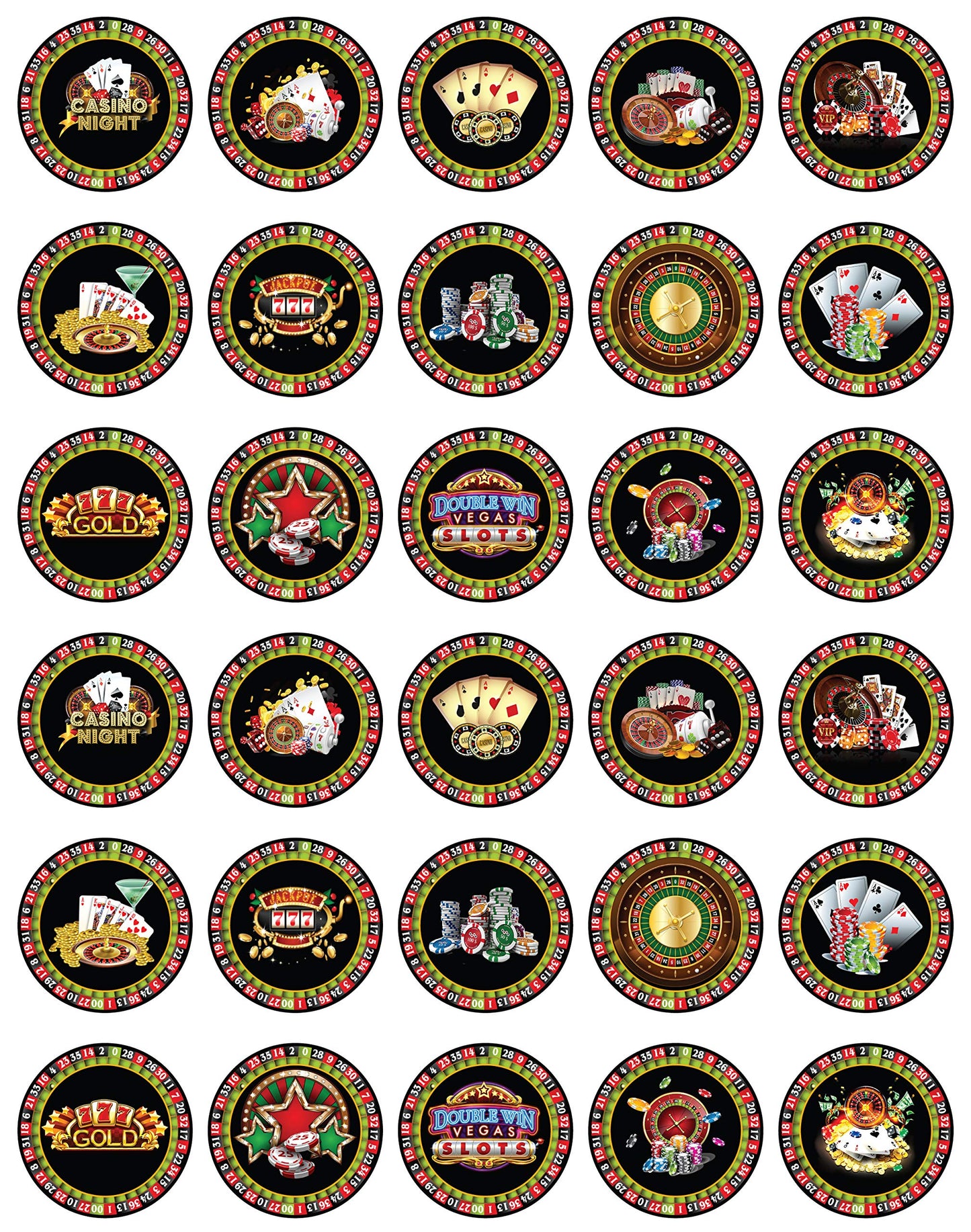 30x Wafer Paper Casino Edible Cupcake Topper